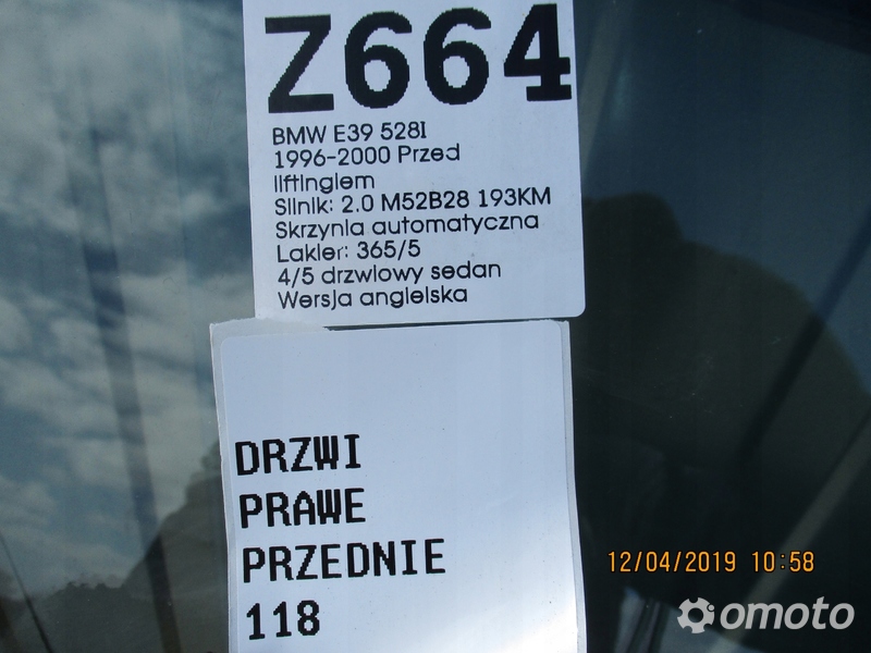 DRZWI PRAWE PRZEDNIE BMW E39 528I 365/5