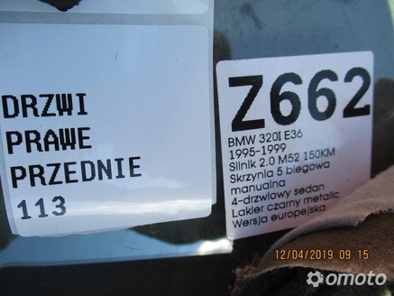 DRZWI PRAWE PRZÓD PRZEDNIE BMW 320 E36 95-99