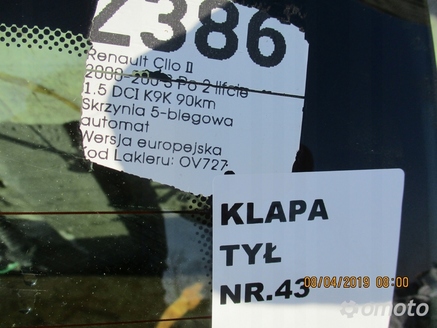 KLAPA TYLNA + SZYBA RENAULT CLIO II OV727
