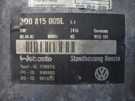 WEBASTO OGRZEWANIE VW PHAETON 6.0 W12 3D0815005L